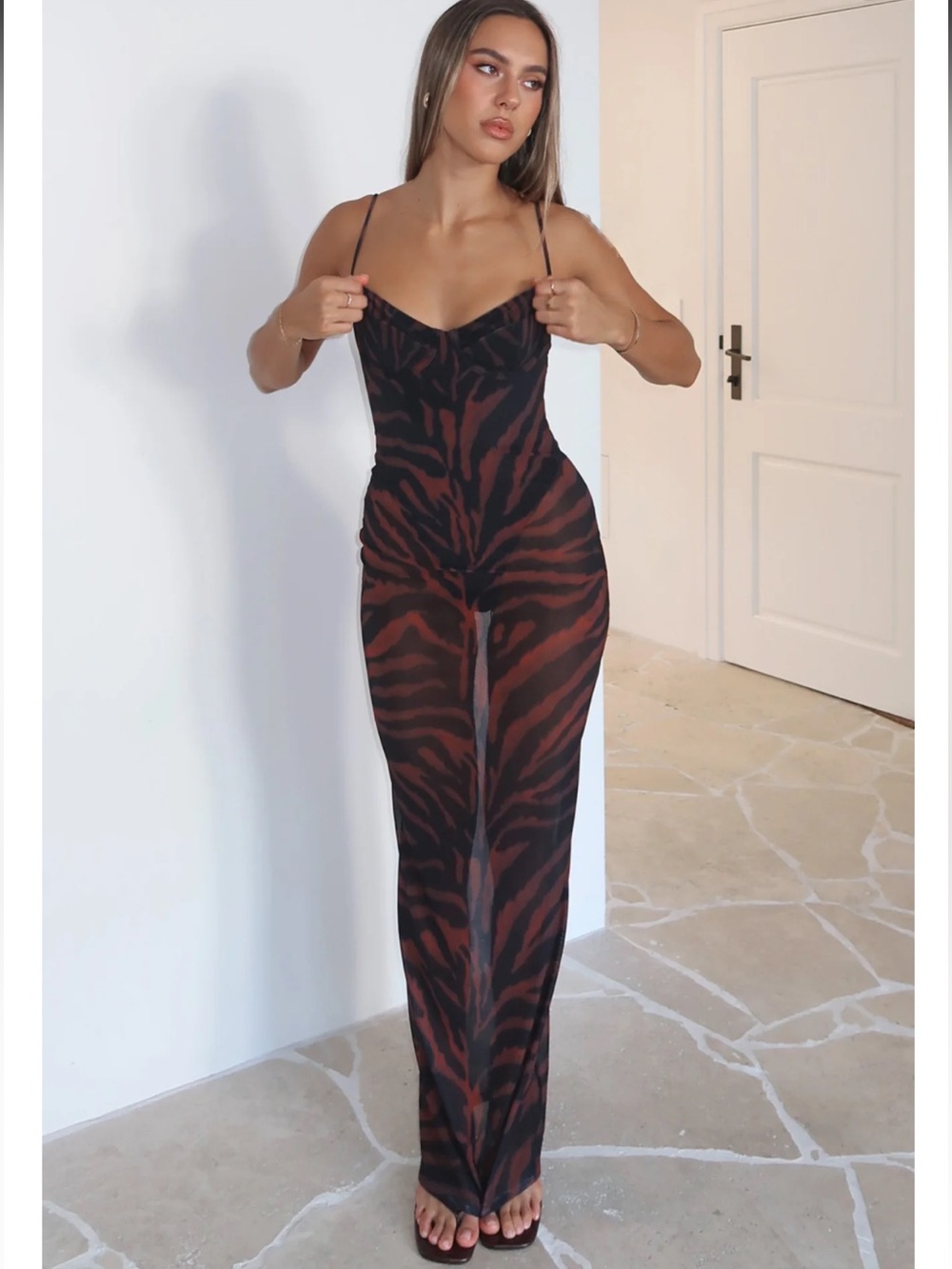 White Fox Boutique Dream of Me Brown & Black Sheer Zebra Maxi Dress